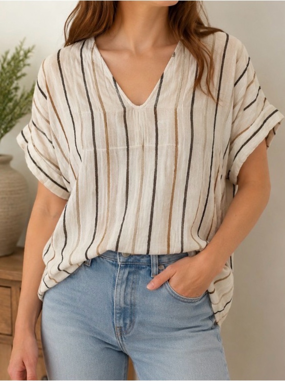 Madewell XL 100% Cotton Gauze Crinkle Stripe Peasant Top Cream Brown Oversized